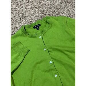 Lands End Women's Green Ruffle Neck Button Up Cardigan Sweater Size M